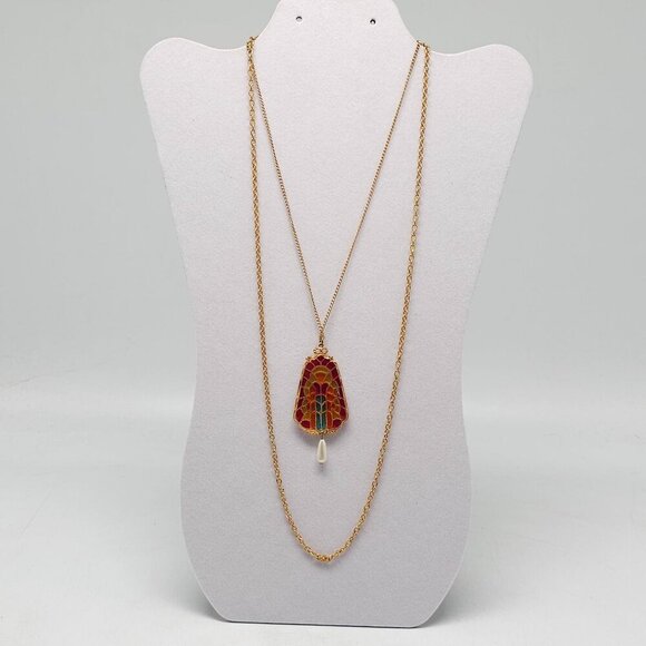 Stained Glass Inspired Pendant Necklace With Faux Pearl Drop On Long Gold Tone - Picture 4 of 5